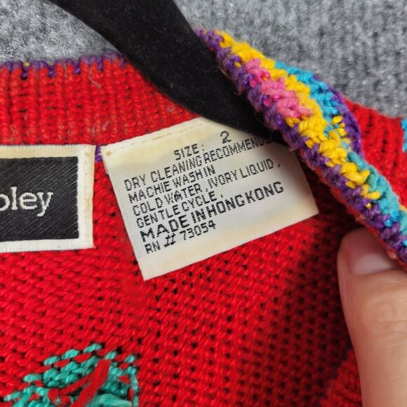 CHRISTINE FOLEY Vintage Red Artsy Folk Bird Knitted Art To Wear Cardigan SIZE 2 - Picture 13 of 13